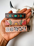 Western Leather Hair Clip Barrettes: BROWN/ TURQUOISE BOHO