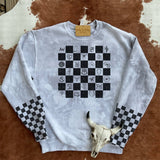 Ranchy Roan Boutique Western Symbols Checkered Sleeve Sweatshirt