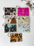 Cowhide Credit Card Holder Keychain - Gift Card holder: Tan + White