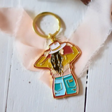 Western Cowgirl with Hat Turquoise and Gold Enamel Keychain