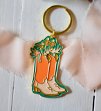 Western Peach Daisy Cowboy Boot Gold Enamel Keychain