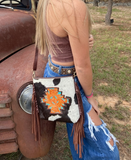 Texas Western Cowhide Tooled Leather Flower Burst Cowhide Fringe Western Purse - Brown