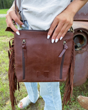 Texas Western Cowhide Tooled Leather Flower Burst Cowhide Fringe Western Purse - Brown