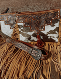 Texas Western Cowhide Tooled Leather Western Fringe Cowhide Crossbody with Buckle