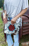 Texas Western Cowhide Tooled Leather Flower Burst Cowhide Fringe Western Purse - Brown