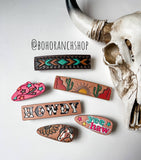 Western Leather Hair Clip Barrettes: BROWN/ TURQUOISE BOHO